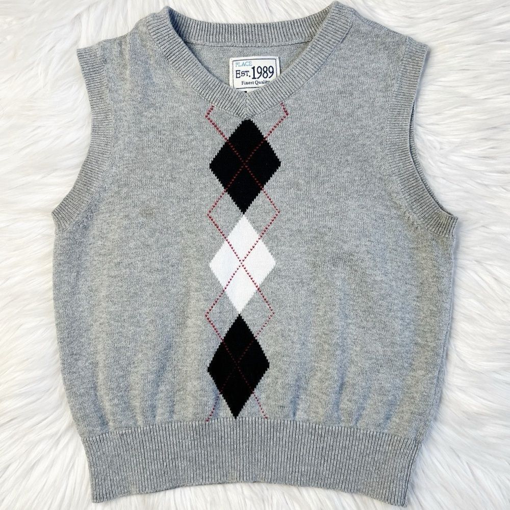 The Children's Place Argyle Sweater Vest Grey & Black Size XS